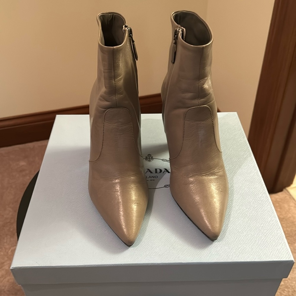 Prada Taupe Leather Ankle Boots 90mm Size 37/7